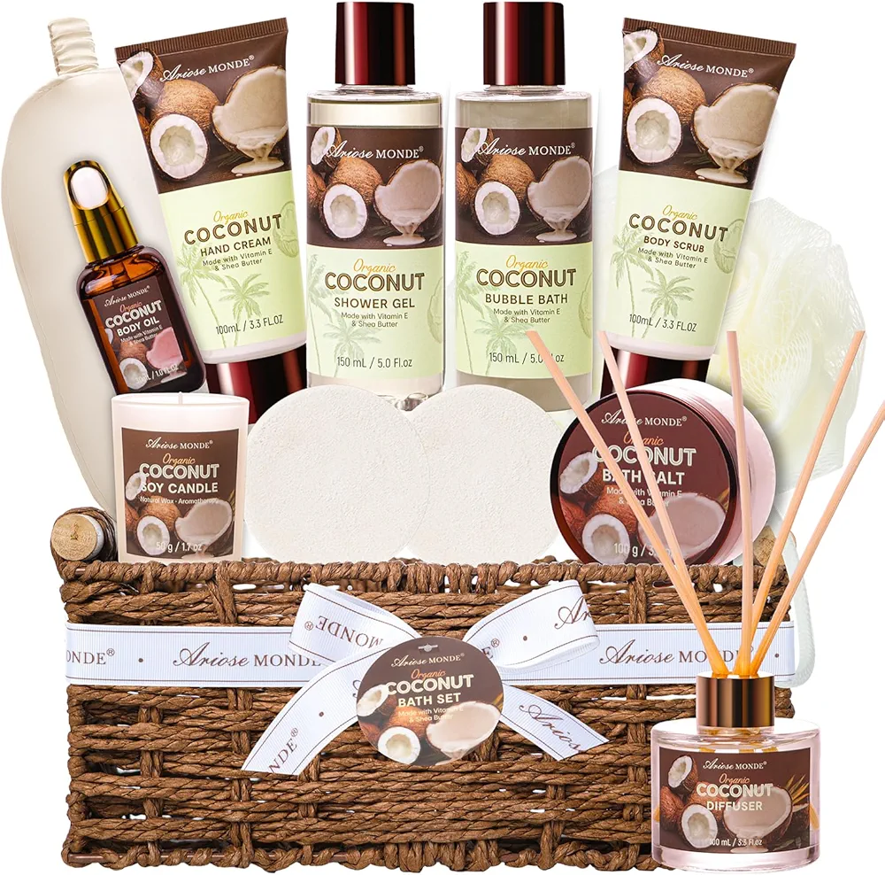 Spa Gift Baskets for Women, Coconut Bath Gift Set for Women Include Bubble Bath, Shower Steamers, Bath Salt. Bath and Body Spa Kit, Mom Birthday Gifts from Daughter, Birthday Gift Basket for Women