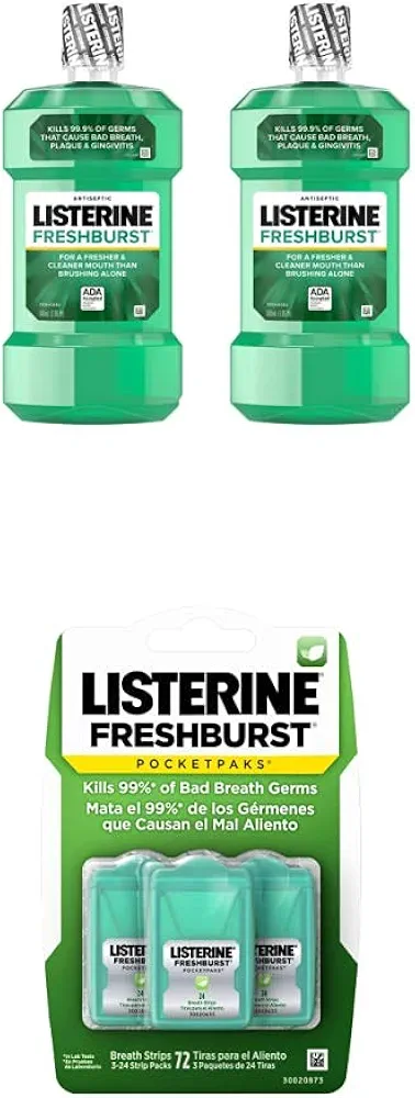 Listerine Freshburst Pocketpaks Breath Strips,Minty Flavor, 3 packs of 24-strips Each with Listerine Freshburst Antiseptic Mouthwash, 500 mL (Pack of 2)