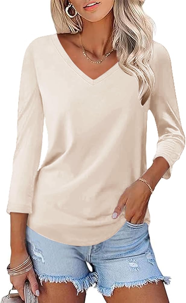 KTILG Women's V Neck T Shirts 3/4 Sleeve Blouse Summer Tops Dressy Casual Solid Basic Tees