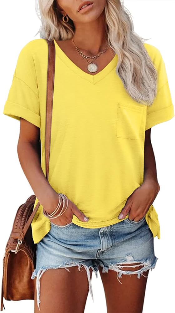 ATHMILE Womens T Shirts 2024 Short Sleeve V-Neck Shirts Cute Fit Summer Casual Tee Tops S-XXL