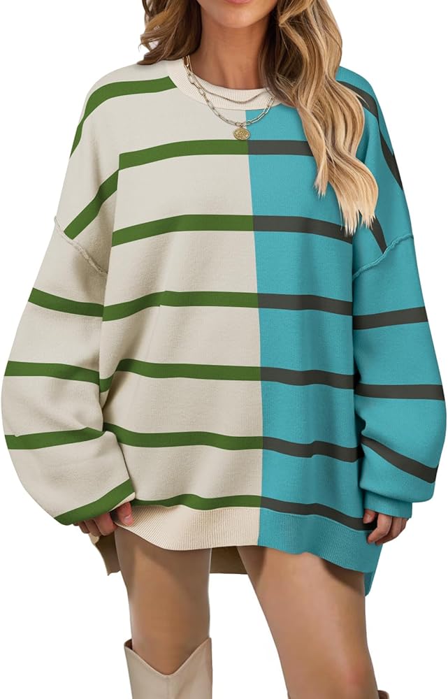 MEROKEETY Women's Fall Striped Oversized Pullover Sweaters 2024 Long Sleeve Color Block Casual Knit Tops