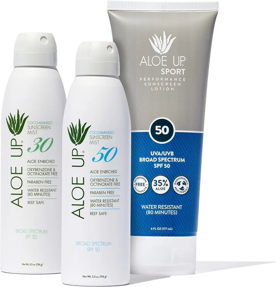 Aloe Up White Collection Sunscreen Spray SPF 50, White Collection Sunscreen Spray SPF 30, and Sport Sunscreen Lotion SPF 50 - Bundle with Face and Body Sunscreen Protector - Reef Friendly - 3 Items