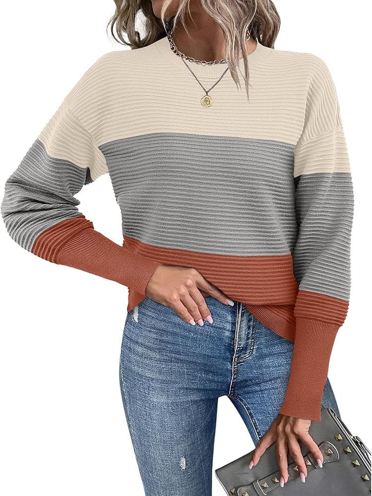 Zeagoo Women's Crew Neck Ribbed Knit Sweater 2024 Fall Long Sleeve Oversized Pullover Sweaters Tops