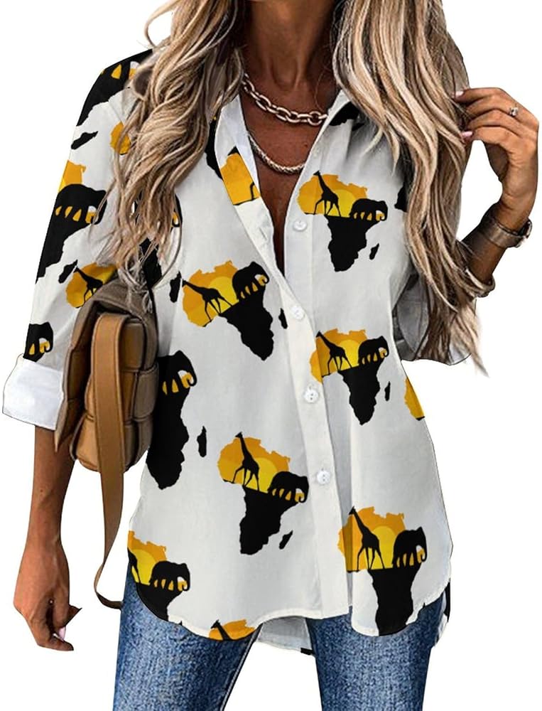 Africa Map Animal Giraffe Elephant Long Sleeve Shirts for Women Irregular Hem Button Down Blouse Loose V Neck Tees Top