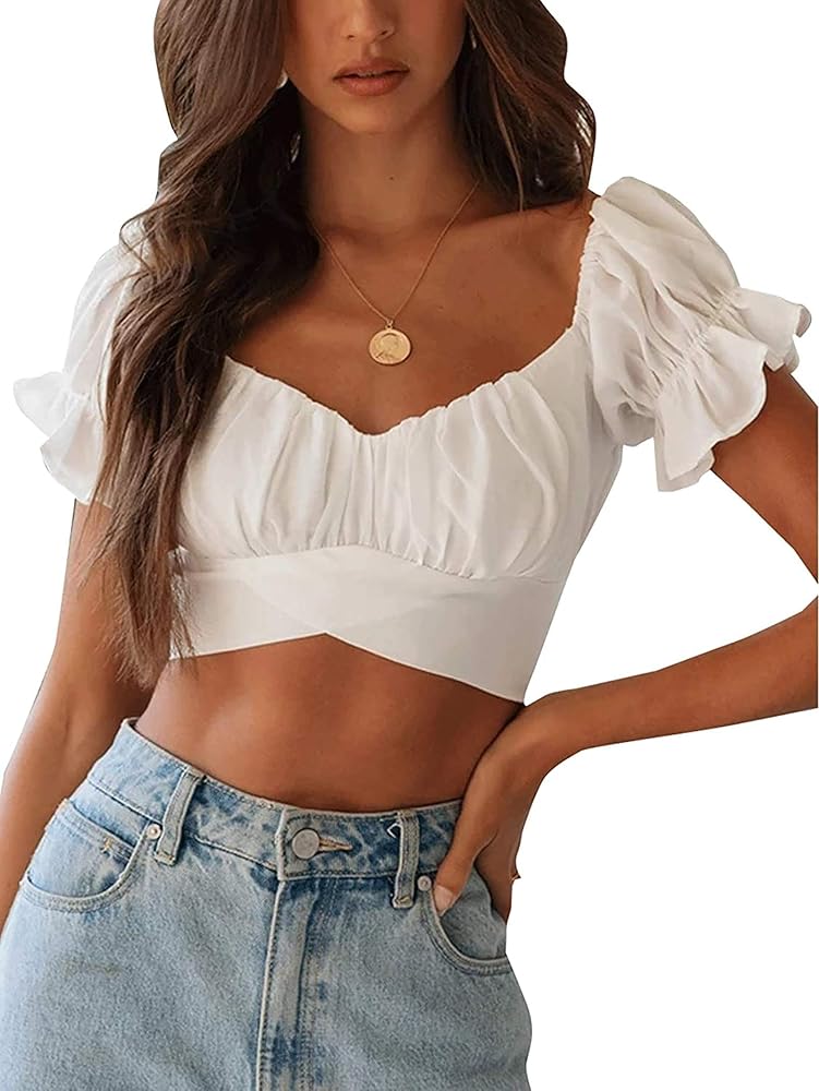 Avanova Women Off Shoulder Ruffle Short Sleeve Tie Up Back Crop Blouse Top