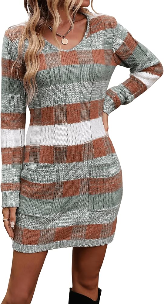 Verdusa Women's Colorblock V Neck Long Sleeve Knit Sweater Bodycon Dress