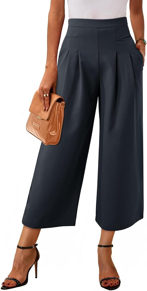 Dokotoo Womens Wide Leg Cropped Suit Pants Work Business Palazzo Summer Pleated Waisted Side Zipper Up Trousers with Pockets