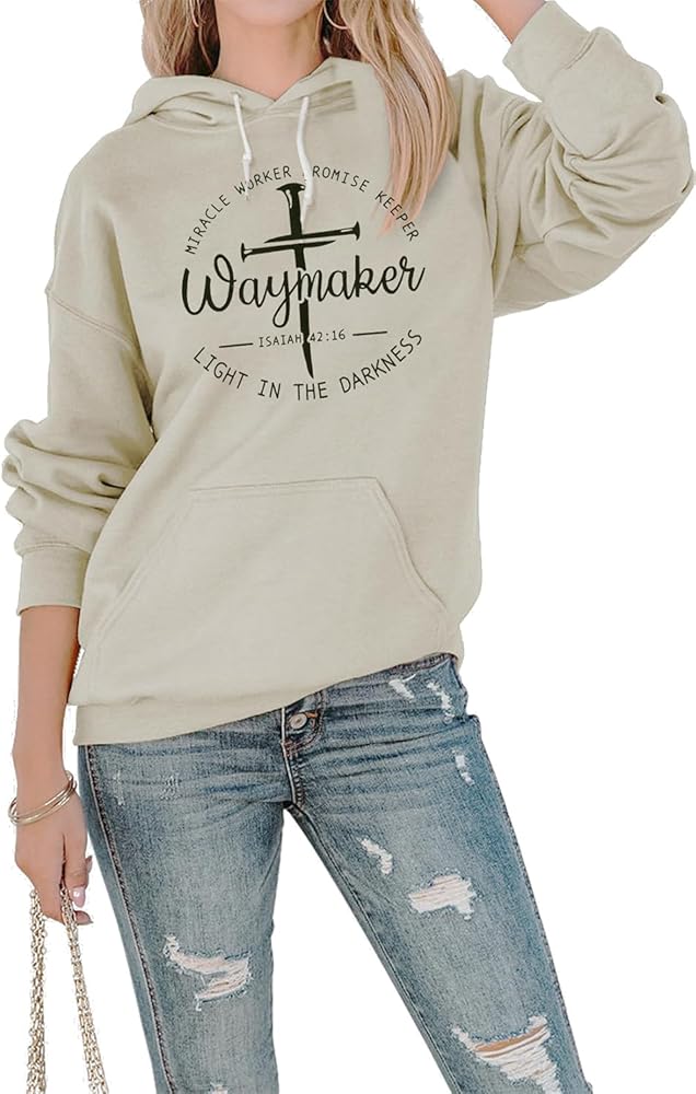 FASHGL Women Waymaker Sweatshirt Miracle Worker Promise Keeper Hoodie Christian Faith Pullover Hooded Long Sleeve Top