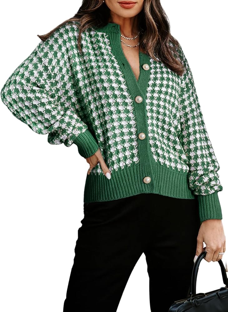 Dokotoo Cardigan Sweaters for Women V Neck Button Down Long Sleeve Plaid Knit Cardigans Sweater Tops