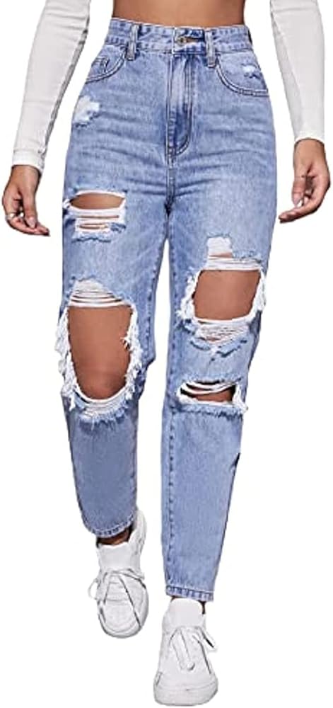 Women's High Waist Straight Leg Ripped Jeans Distressed Denim Pants