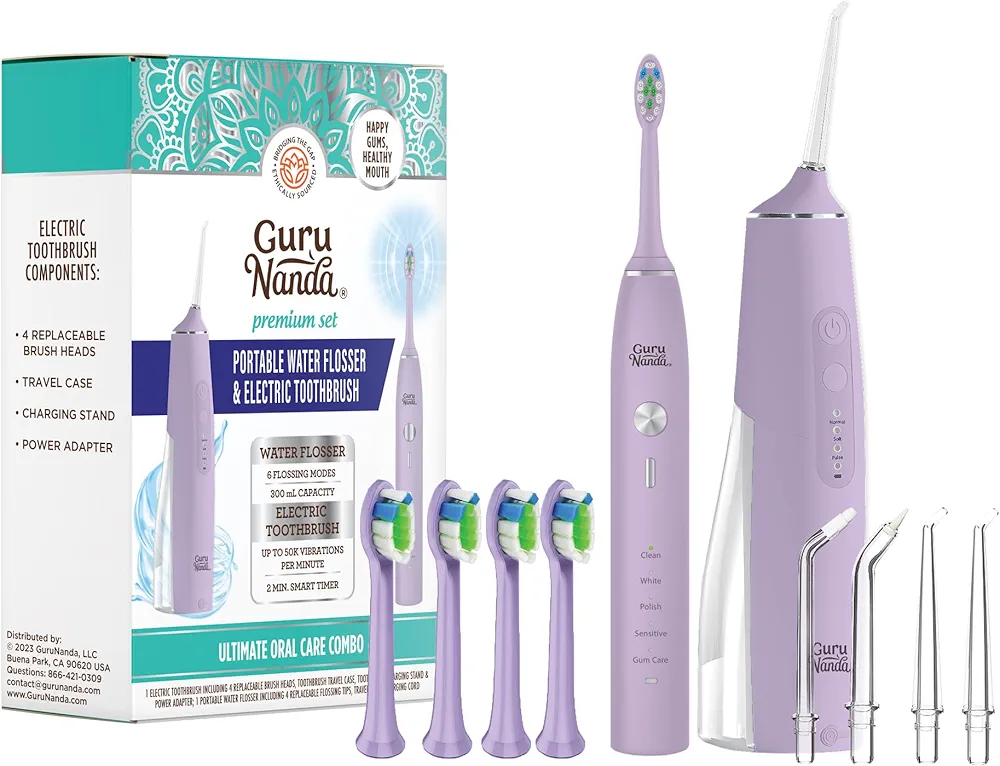 GuruNanda Lion & Lamb Kit (Lavender), Portable Water Flosser (300ml) with 4 Jet Tips, 5000 mAH Rechargeable Sonic Toothbrush with 4 Brush Heads & More