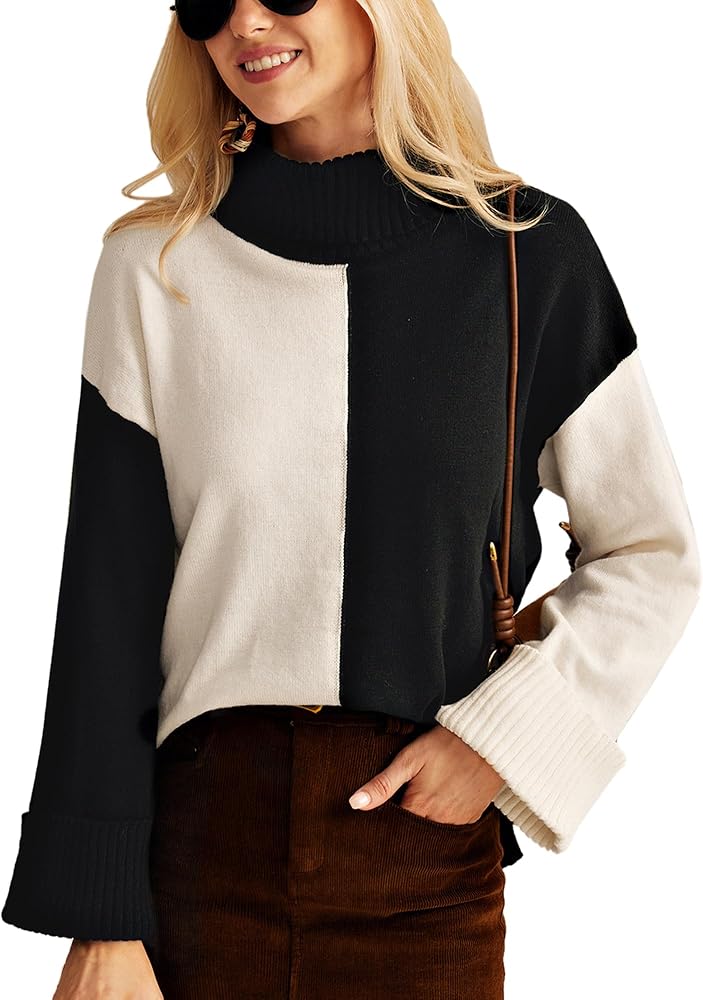 GRACE KARIN Womens Sweater Turtleneck Color Block Long Sleeve Knitwear 2024 Fall Casual Oversized Pullover Sweater Jumper Top