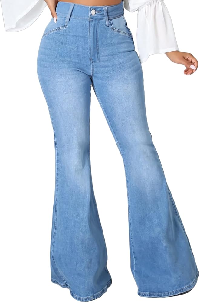 SeNight Women Bell Bottom Jeans Elastic Waist Ripped Flared Jean Destroyed Raw Hem Denim Pants