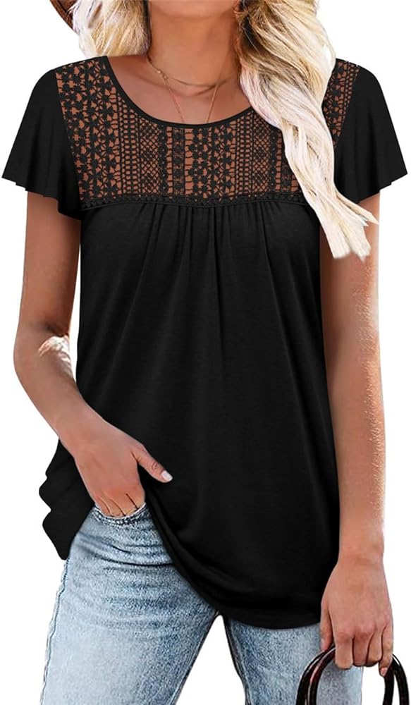 MODARANI Womens Tops Lace Short Sleeve Tunic Tops Summer Shirts Blouses Cap Sleeve Ladies Fashion Top