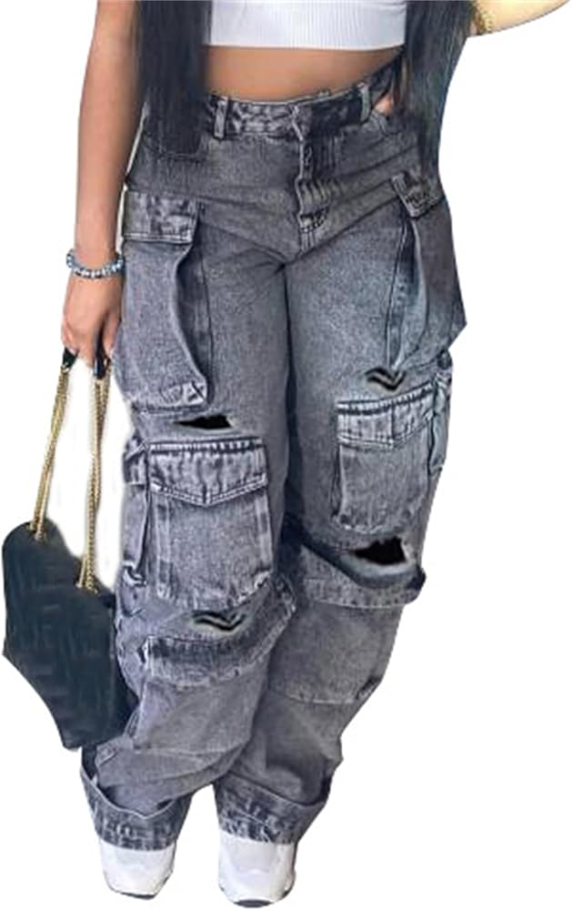 NRTHYE Cargo Jeans for Women Y2K High Waist Baggy Denim Cargo Pants with Pocket Streetwear