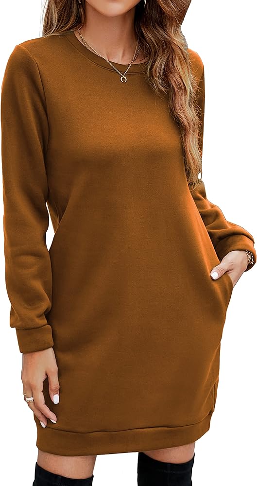 Miselon Women's Casual Fleece Long Pullover Sweatshirt Dress Long Sleeve Mini Sweater Dresses with Pockets