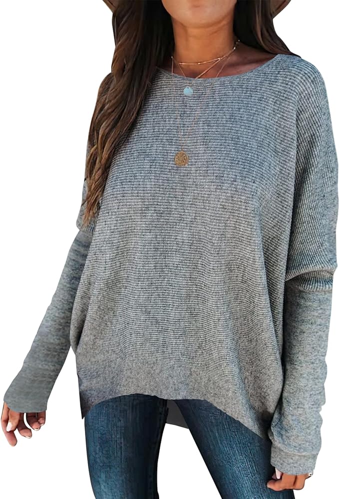 Women's Oversized Sweater Boat Neck Long Batwing Dolman Sleeve High Low Hem Knit Pullover Baggy Jumper Tunic Tops