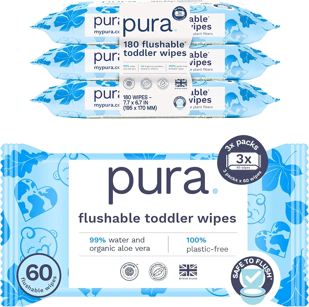 Pura Flushable Toddler Wipes 3 x 60 Wipes (180 Wipes), 100% Plastic Free, 99% Water, Hypoallergenic & Fragrance Free, Totally Chlorine Free, Kids Toilet Wipes, Potty Training