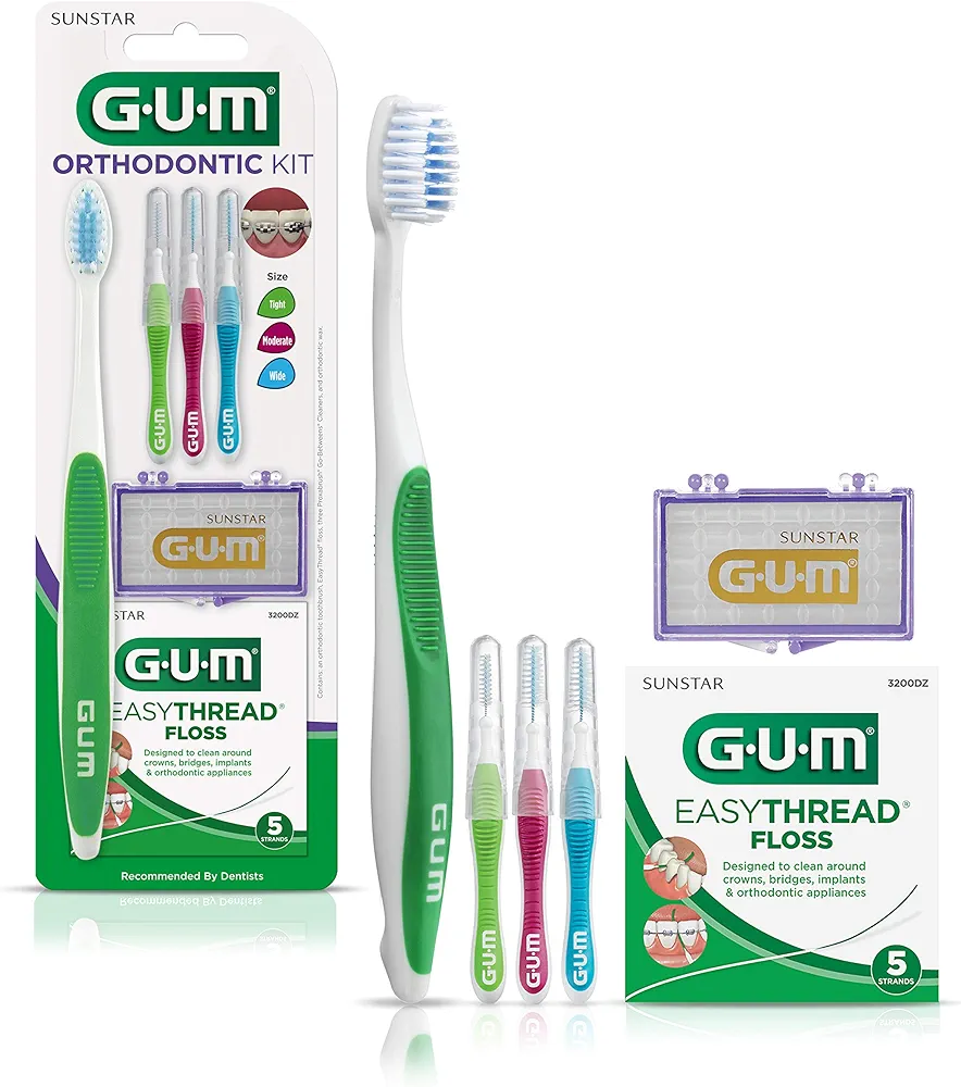 GUM Orthodontic Kit – Features Orthodontic Toothbrush, 3 Proxabrush Sizes and shred-resistant EasyThread Floss, and Mint Ortho Wax