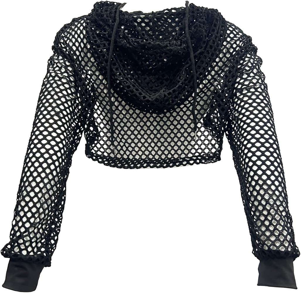 Women's See Through Mesh Fishnet Hoodie Pullover Crop Top Long Sleeve Summer Sweatshirt Clothes