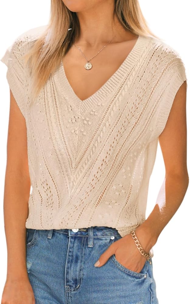 Langwyqu Womens V Neck Summer Sweaters Crochet Casual Lightweight Knit Tops