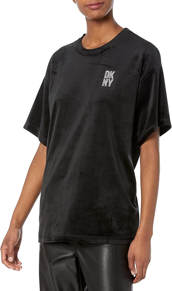 DKNY Women's Sport Boxy Velour Short Sleeve Pullover, Black