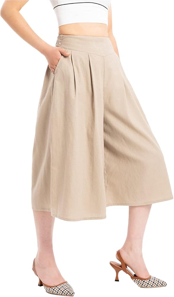 Women's Baggy Linen Wide Leg Palazzo Capris Pull On Embriodered Solid Summer Beach Cropped Culottes Pants Pocketed