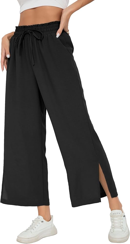 HIYIYEZI Womens Wide Leg Lounge Pants High Waisted Drawstring Casual Loose Palazzo Trousers with Pockets