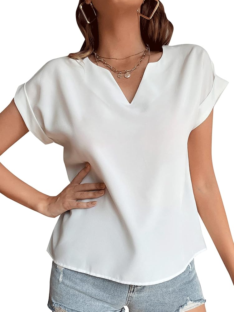 LYANER Women's Casual Notched V Neck Rolled Short Sleeve Work Blouse T-Shirt Top