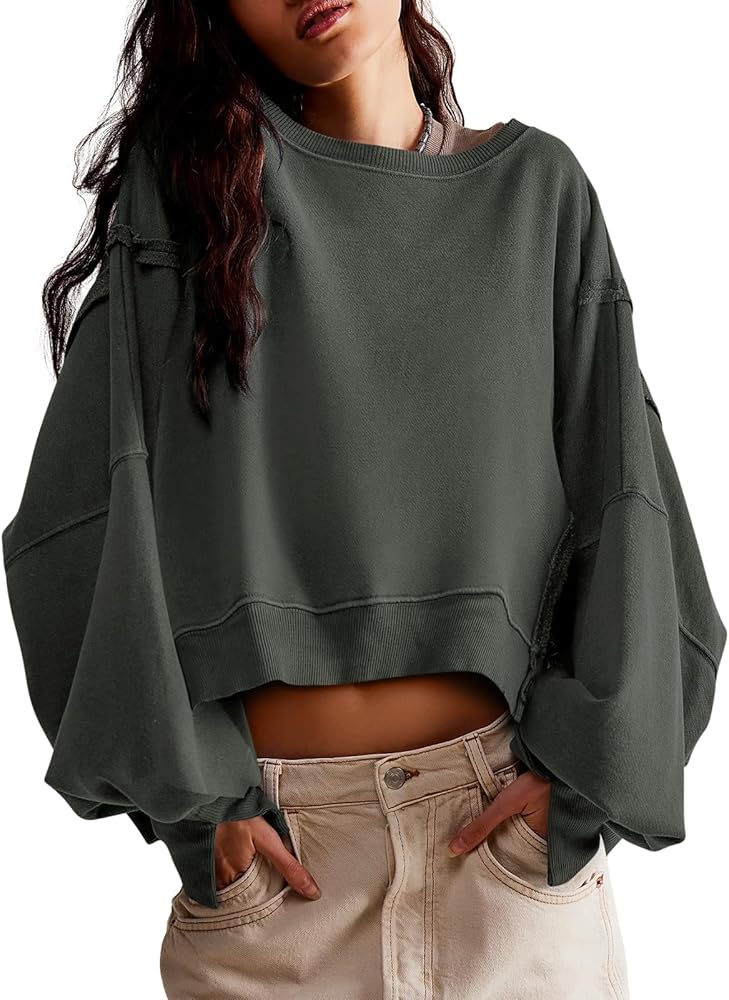 Zwurew Womens Casual Sweatshirt Long Sleeve Tops Crewneck Loose Fit Tee Pullover Crop Tshirt Side Slit Fall Fashion 2024