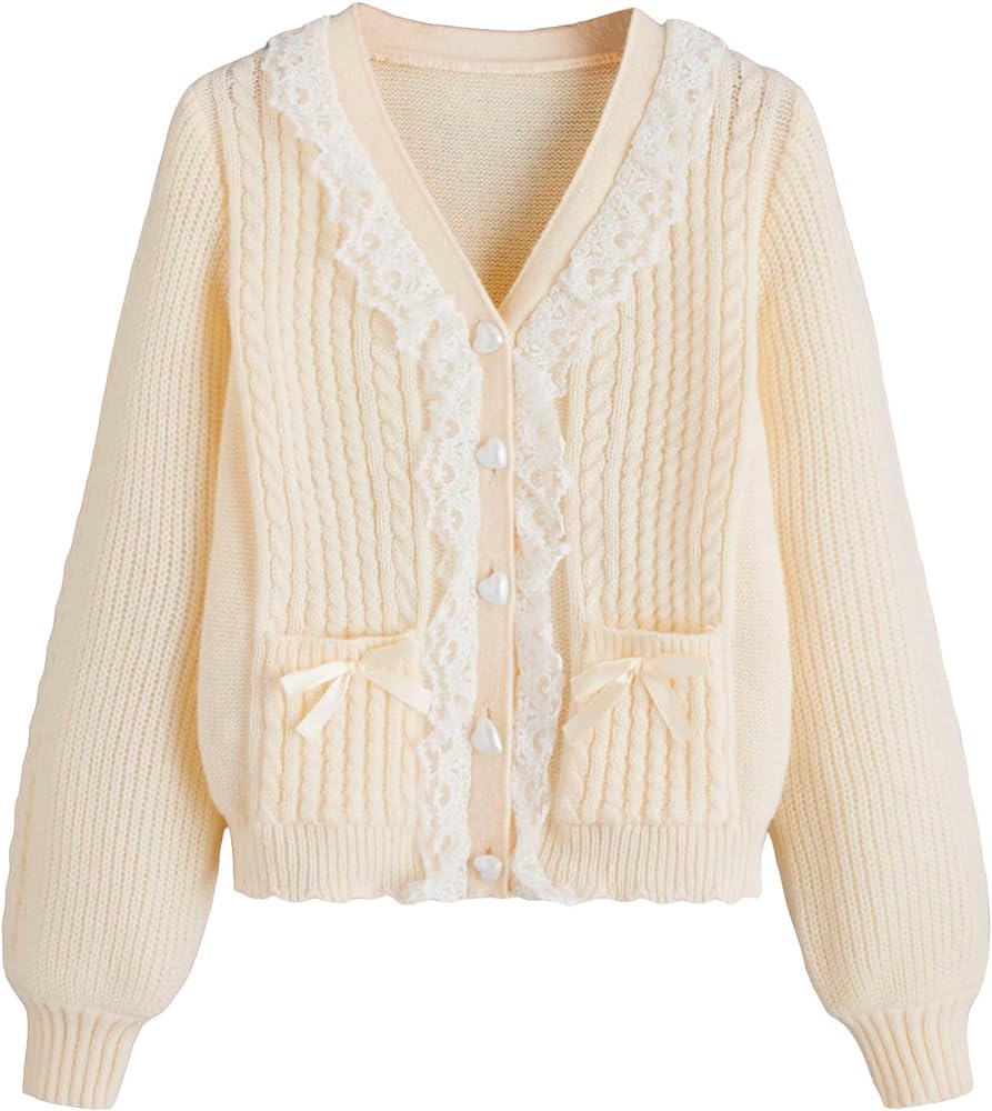 SHENHE Women's Lace Trim Cable Knit V Neck Button Down Cute Bow Cardigan Sweater