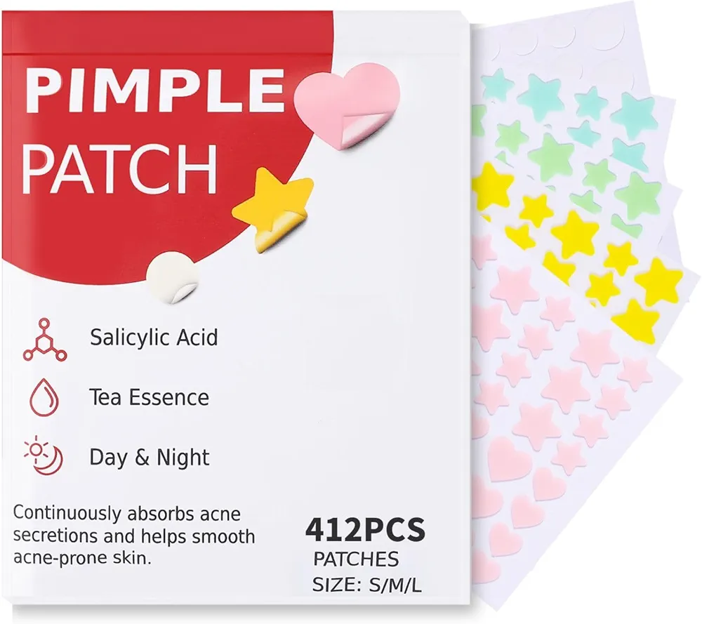 Pimple Patches for Face 412pcs,Hydrocolloid Acne Patches Star,Zit Patches,Pimple Popper Tool Kit,Facial Skin Care Products Containing Salicylic Acid,Tea Tree Oil and Calendula Oil