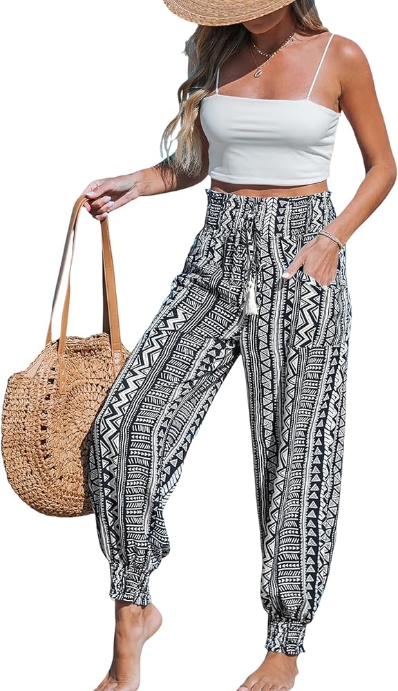 CUPSHE Women Pants Smocked Waist Tie Boho Tapered Lace Up Loose Fit Pant Casual Beach