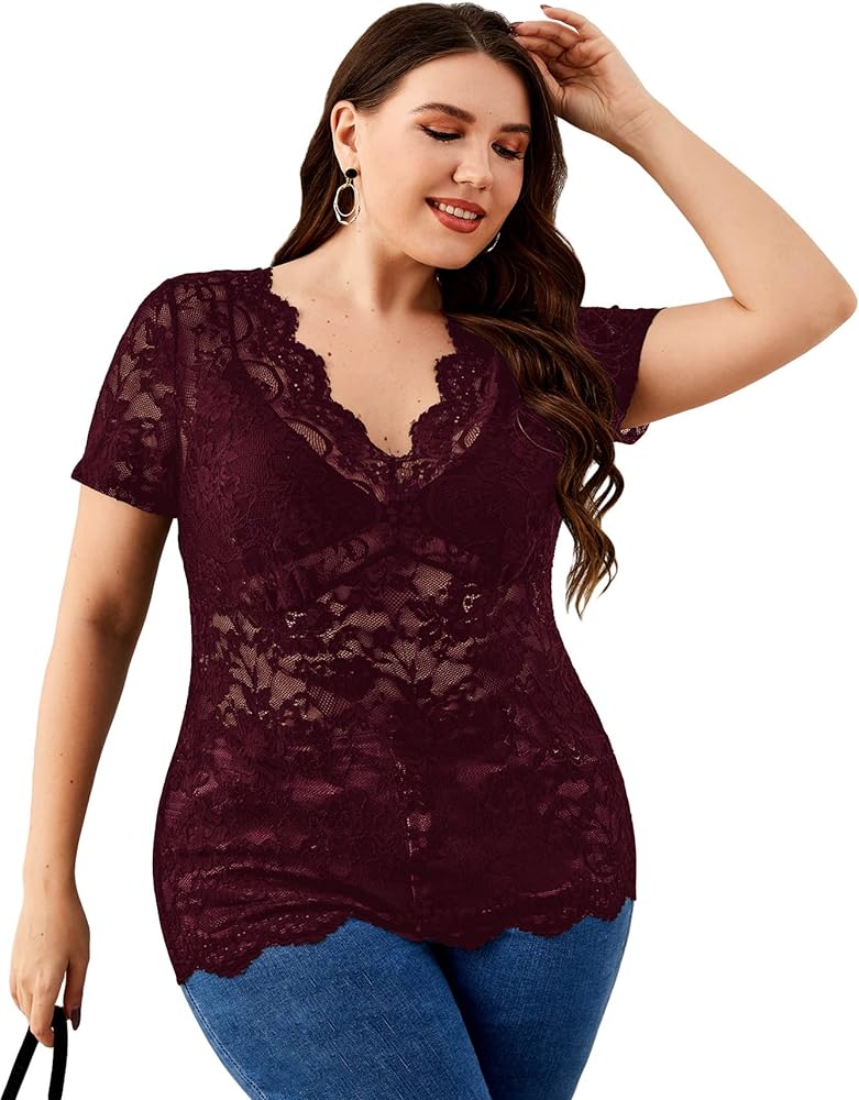 OYOANGLE Women's Plus Size Short Sleeve Floral Lace Blouse Mesh V Neck Slim Tee Shirt Top