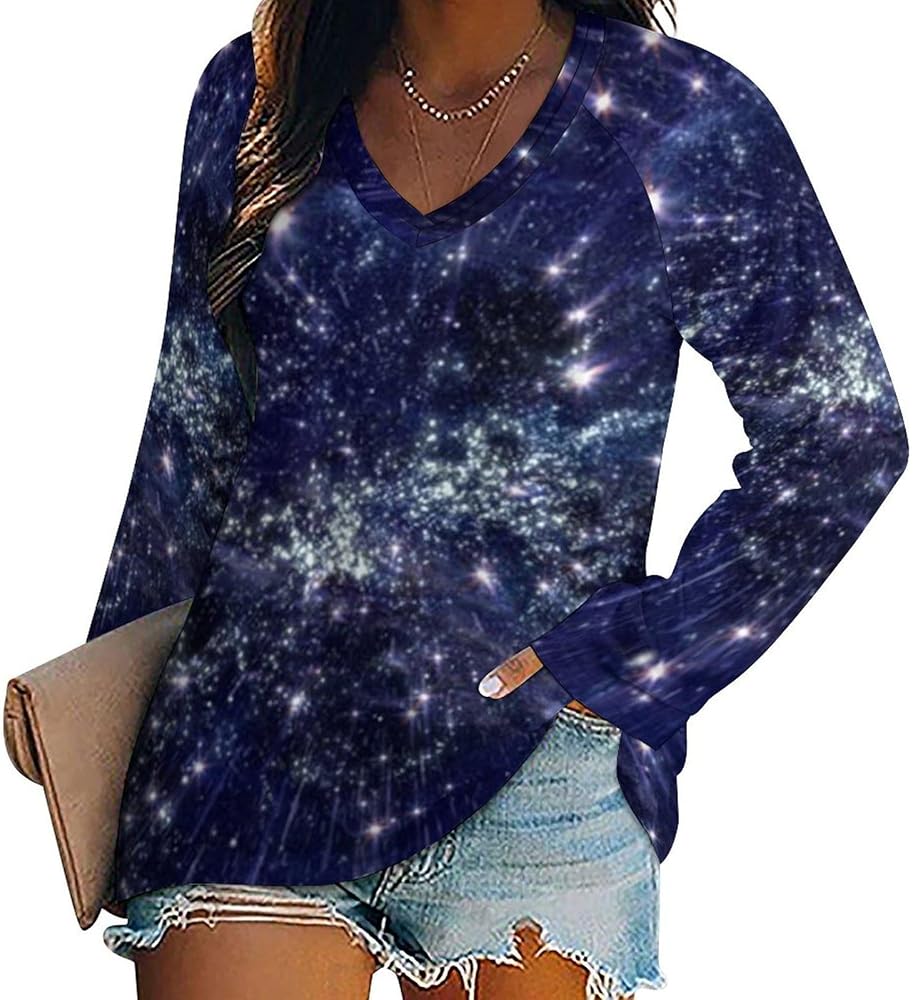 Galaxy Space Flight Loose Womens Shirts Long Sleeve Tees Tops Casual V-Neck Graphic Blouses