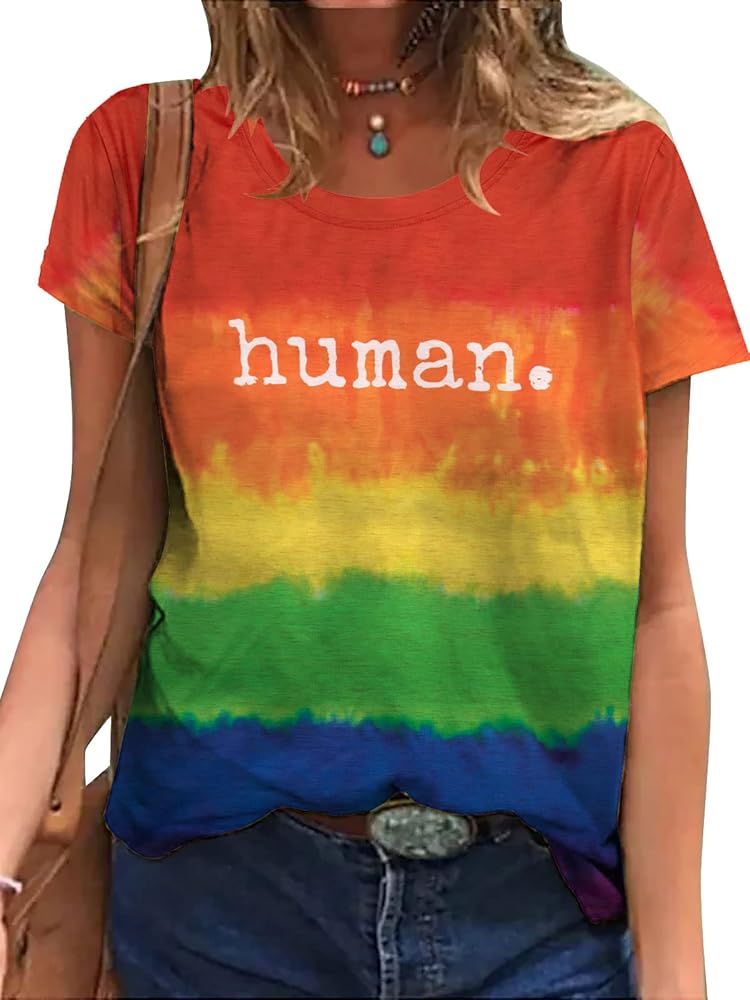 MOUSYA Human LGBT T-Shirt Pride Shirts for Women Rainbow Graphic Tee Shirt LGBTQ Equality Blouse Tops