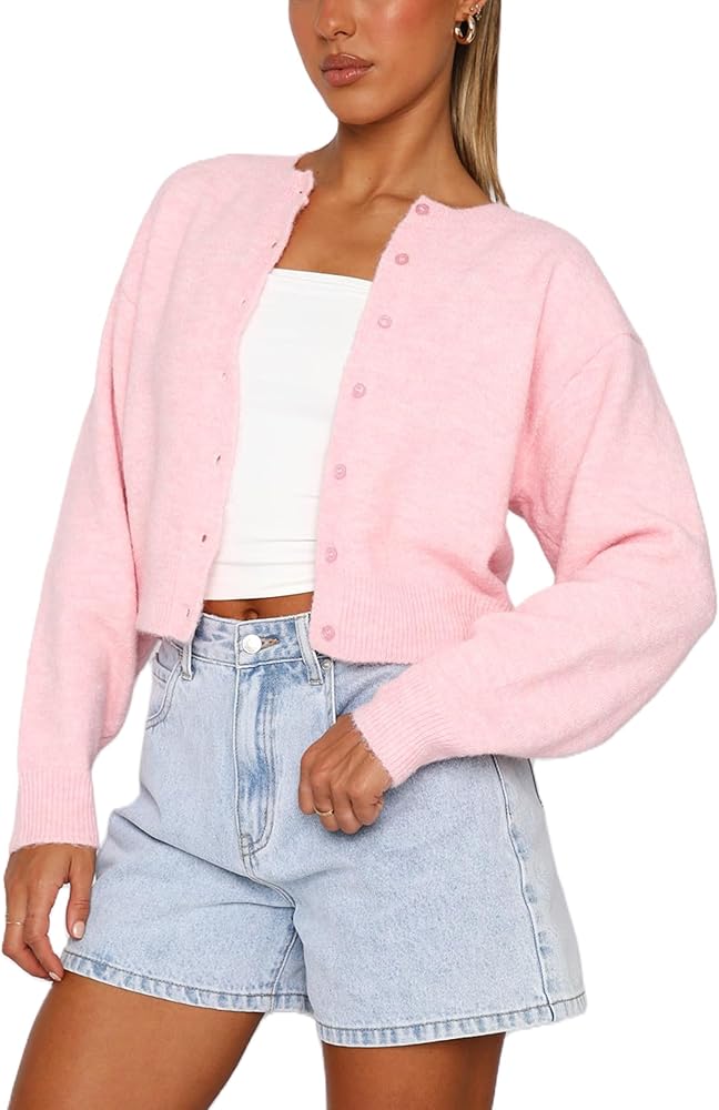 Women's Casual Crop Knit Cardigan Y2K Cute Long Sleeve Crewneck Open Front Button Down Cardigan Sweaters Streetwear