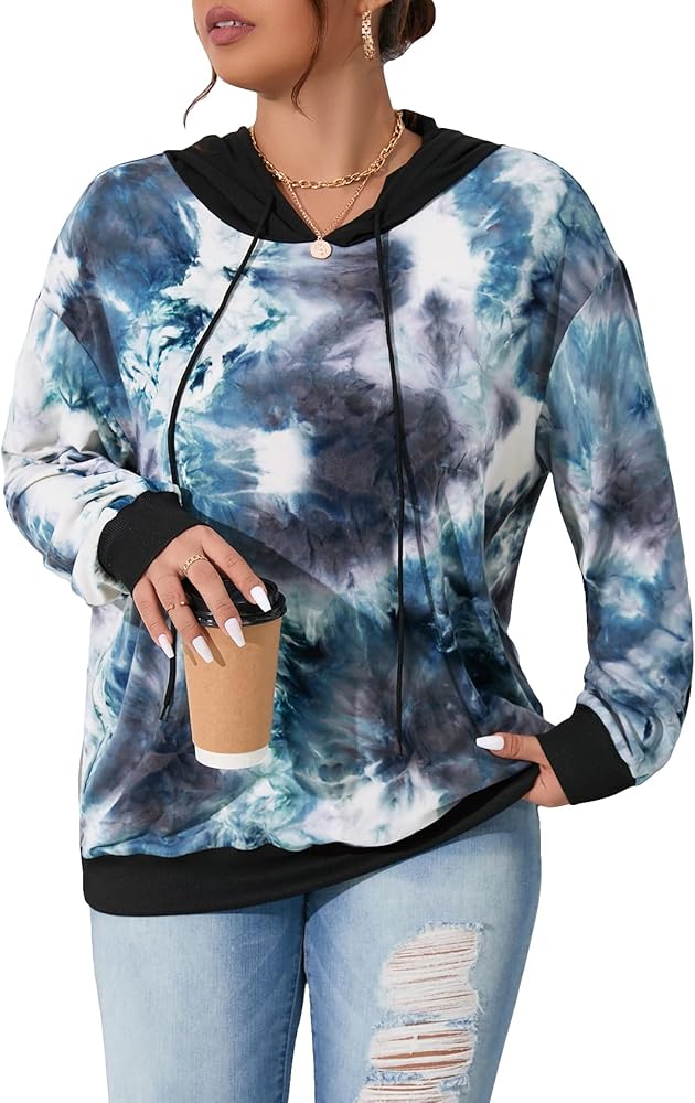 MakeMeChic Women's Plus Size Tie Dye Long Sleeve Drawstring Pullover Hoodie Sweatshirt