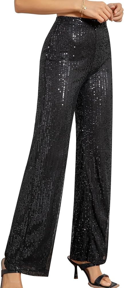 Women's High Waist Glitter Sequins Wide Leg Stretch Loose Nightclub Club Casual Pants