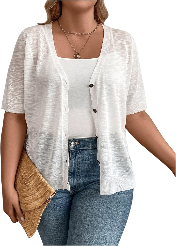 Women's Plus Size Cardigan Short Sleeve Button Front V Neck Open Front Bolero Shrug Sheer Sweaters