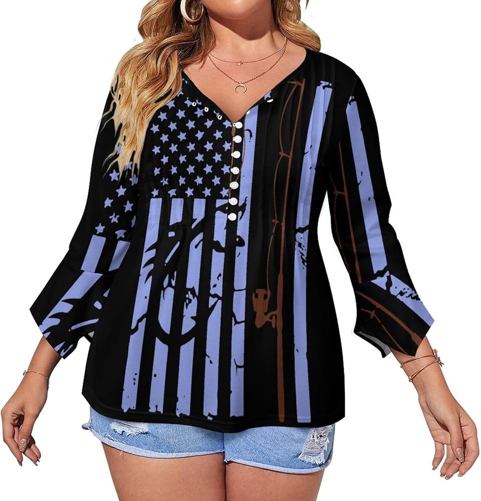 US Fishing Flag Cute Womens T-Shirts 3/4 Sleeve Button Down Tee Tops Blouse Summer Beach