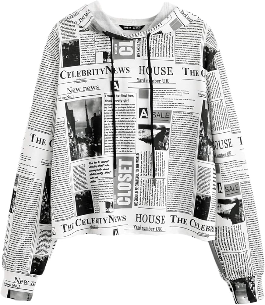 WDIRARA Women's Newspaper Print Long Sleeve Drawstring Hoodie Casual Sweatshirts