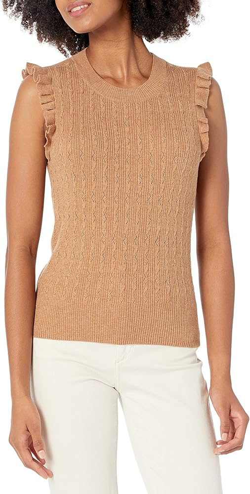 PAIGE Women's Gardenia Sweater Sleeveless Ruffle Trim and Stitch Detail in Dark Camel