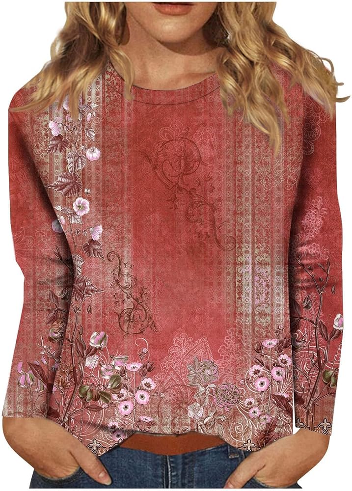 Women's Fall Shirts 2024 Long Sleeve Shirts for Women Cute Print Graphic Tees Blouses Casual Plus Size Basic Tops Pullover