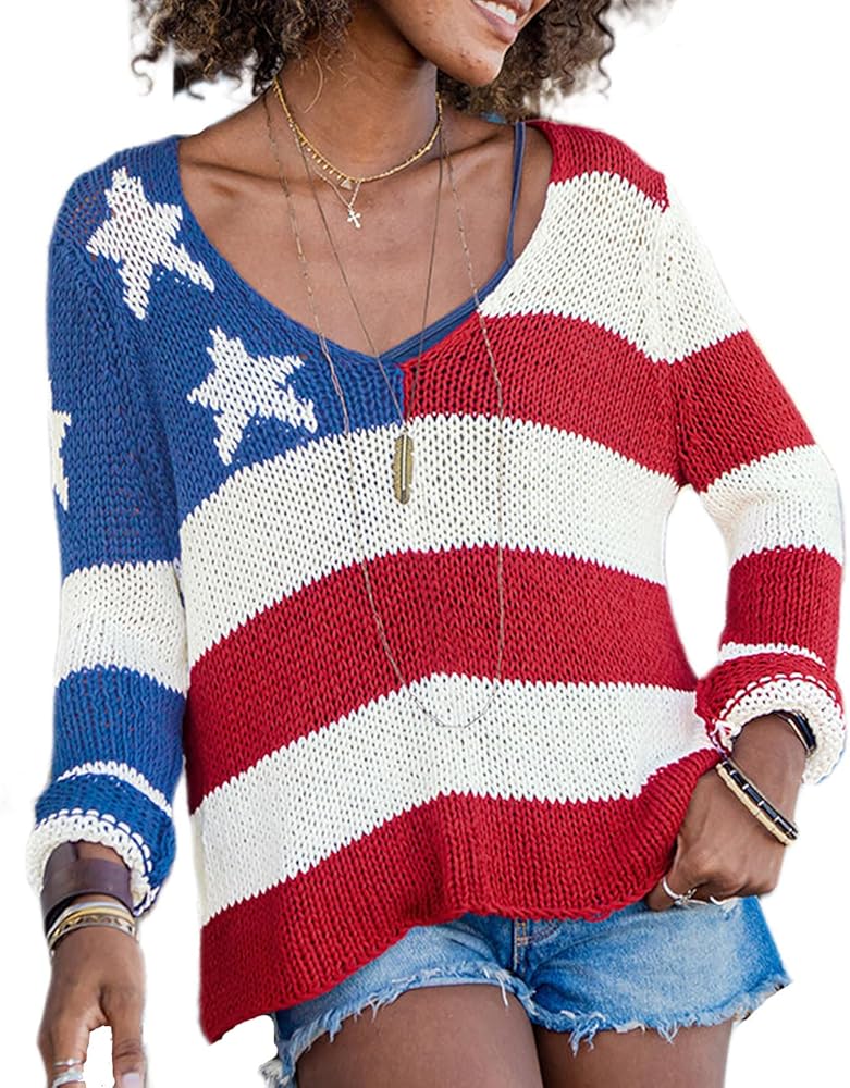 Women American Flag Sweater Loose Vintage USA Sweatshirt Long Sleeve Crewneck Hollow Out 4th of July Jumper