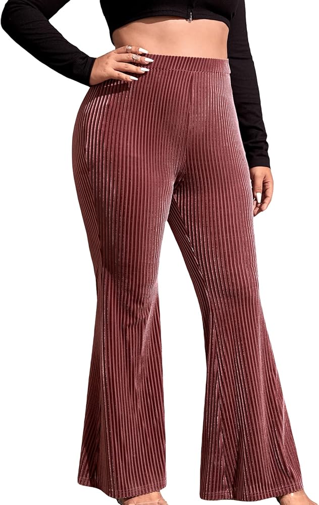 WDIRARA Women's Plus Size Ribbed Velvet Elastic Waist Flare Bell Bottom Long Pants Trousers