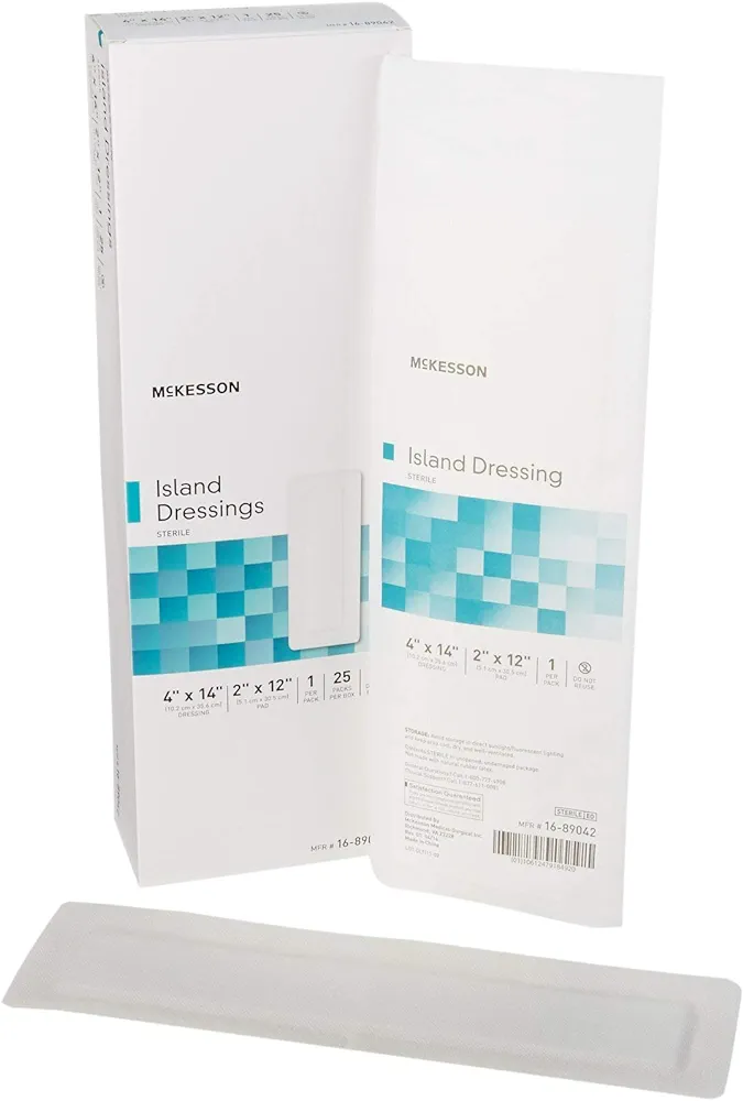 McKesson Island Dressings, Sterile, Dimension 4 in x 14 in, Pad 2 in x 12 in, 25 Count, 4 Packs, 100 Total