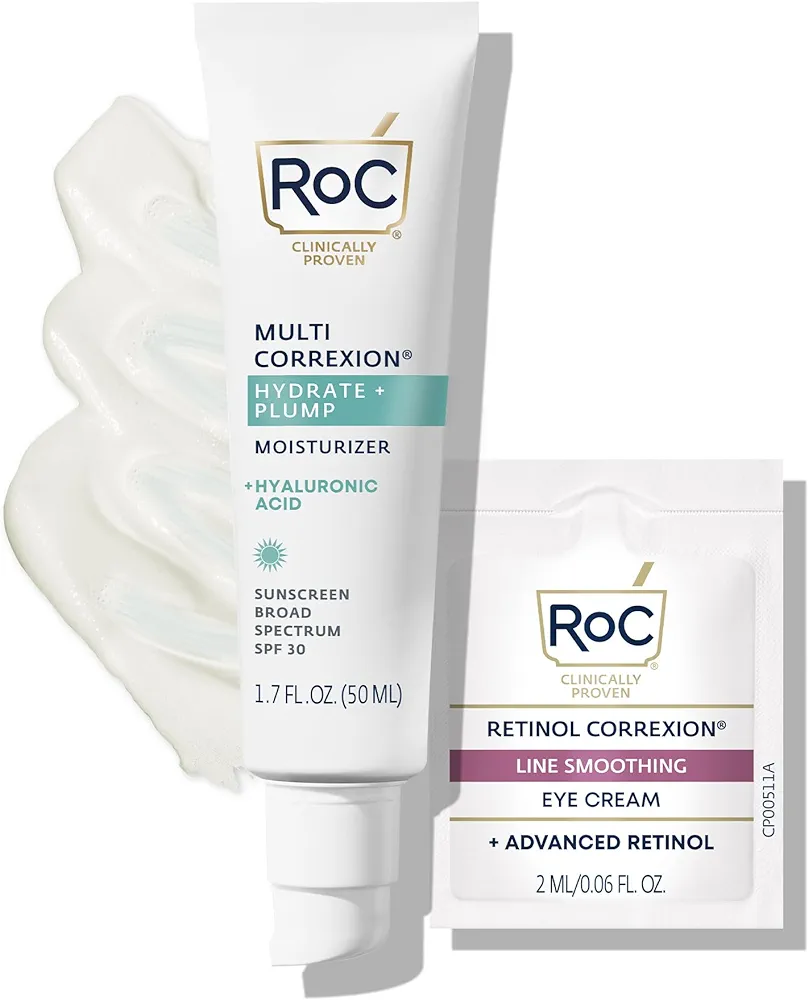 RoC Multi Correxion 1.5% Pure Hyaluronic Acid Anti Aging Daily Face Moisturizer with Broad Spectrum Sunscreen SPF 30 (1.7 oz) with Retinol Eye Cream Packette (Packaging May Vary)