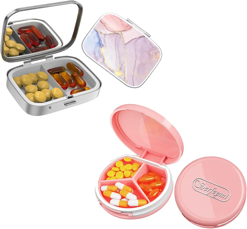 Serfeymi Travel Pill Case Bundle: Small Pill Box for Purse, Waterproof 3-Compartment & Elegant 2-Compartment Organizer - Ideal for Daily Use & Gifting