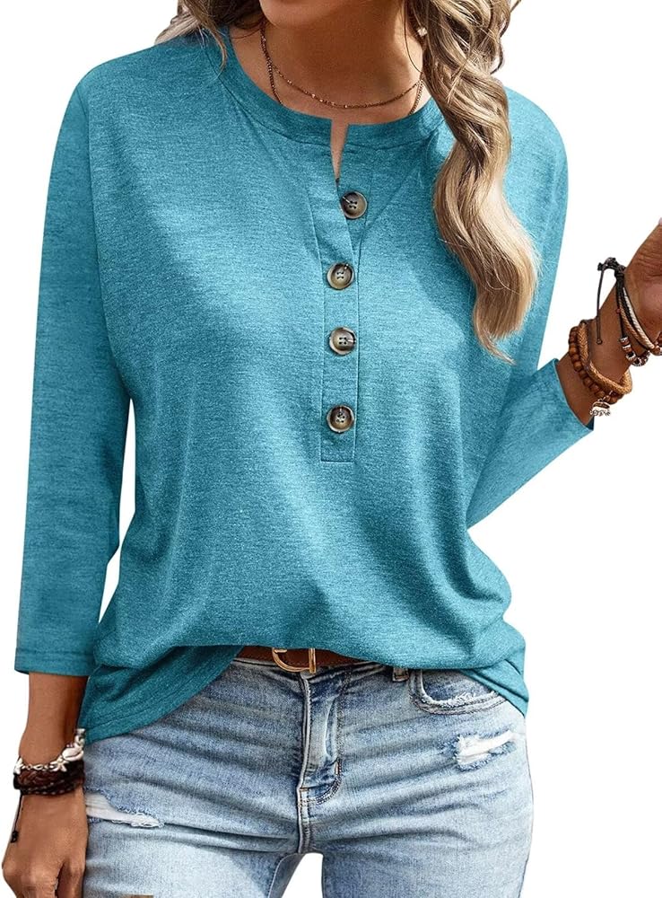 EADINVE Women's 3/4 Sleeve T-Shirts Crew Neck Buttons Cute Casual Tunic Tops Basic Tees Blouses Loose Fit Pullover 2024